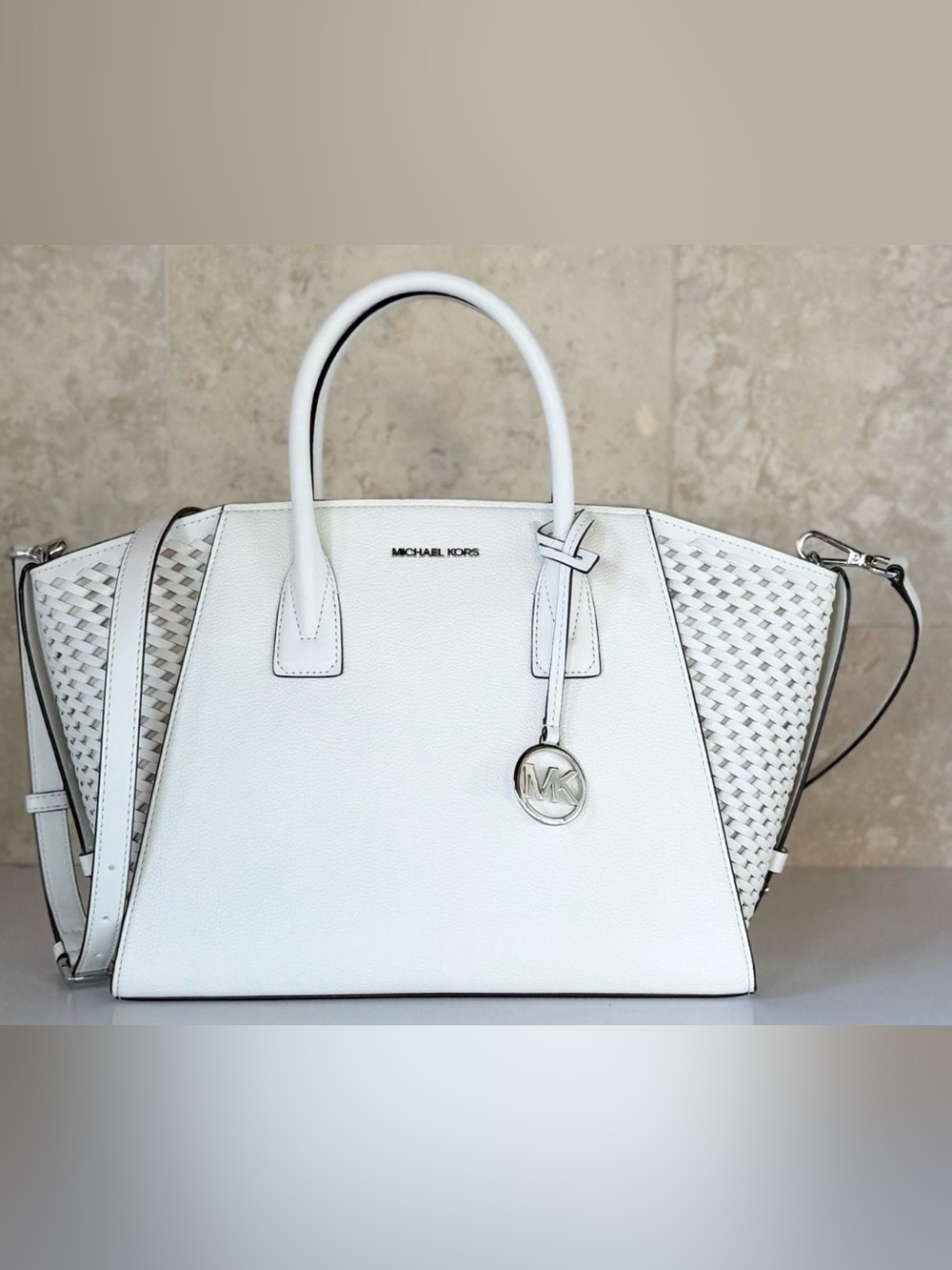 NWT Michael Kors Large Avril Optic White Leather Satchel with Weave Side Panels